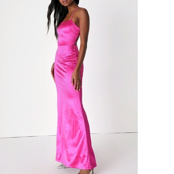 Lulus Radiant Stunner Hot Pink Satin Rhinestone Lace-Up Maxi Dress Large New NWT - Picture 2 of 6